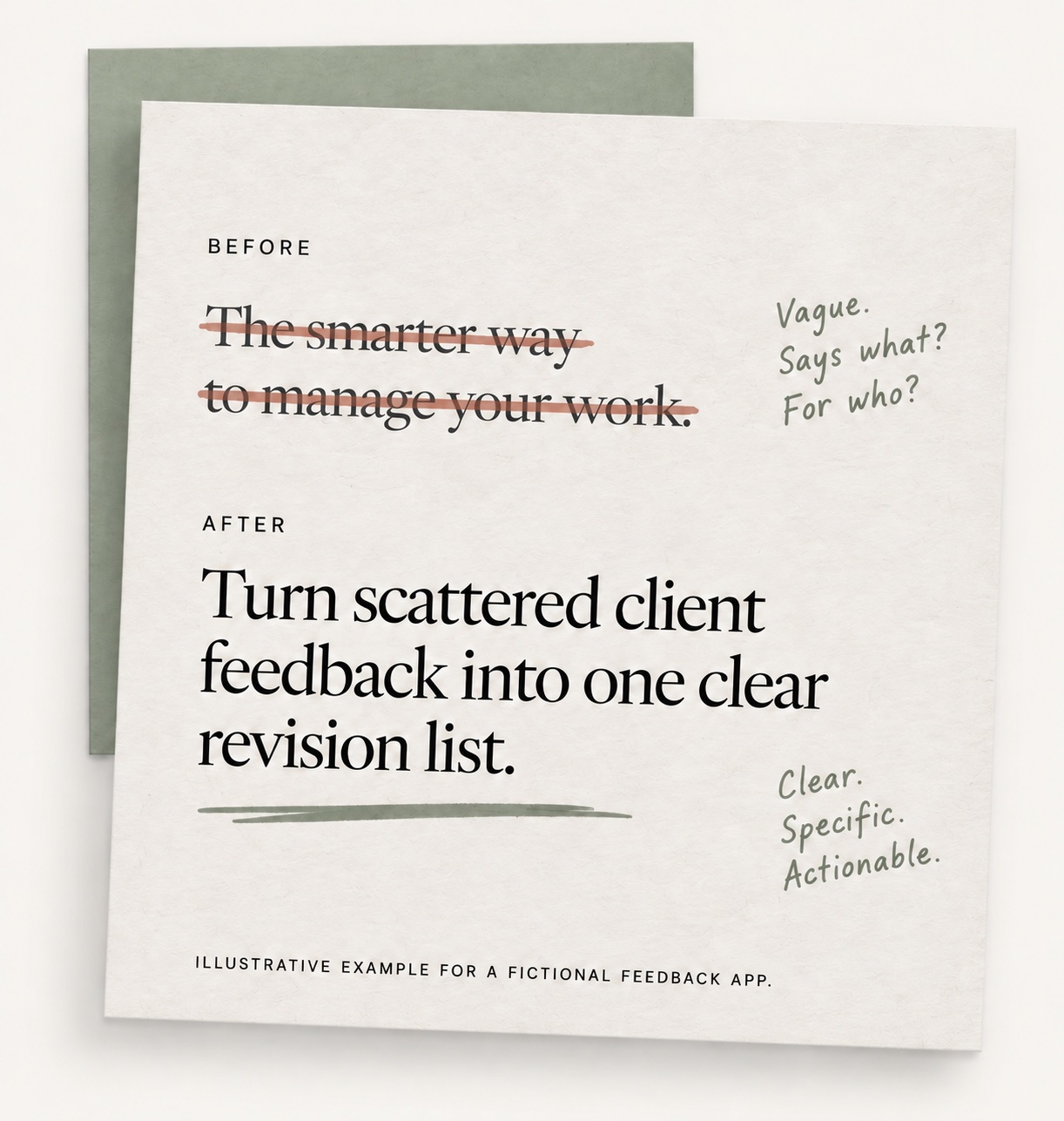Illustrative rewrite for a fictional feedback app. Before: The smarter way to manage your work. After: Turn scattered client feedback into one clear revision list. Margin notes show the change from vague to specific and actionable.