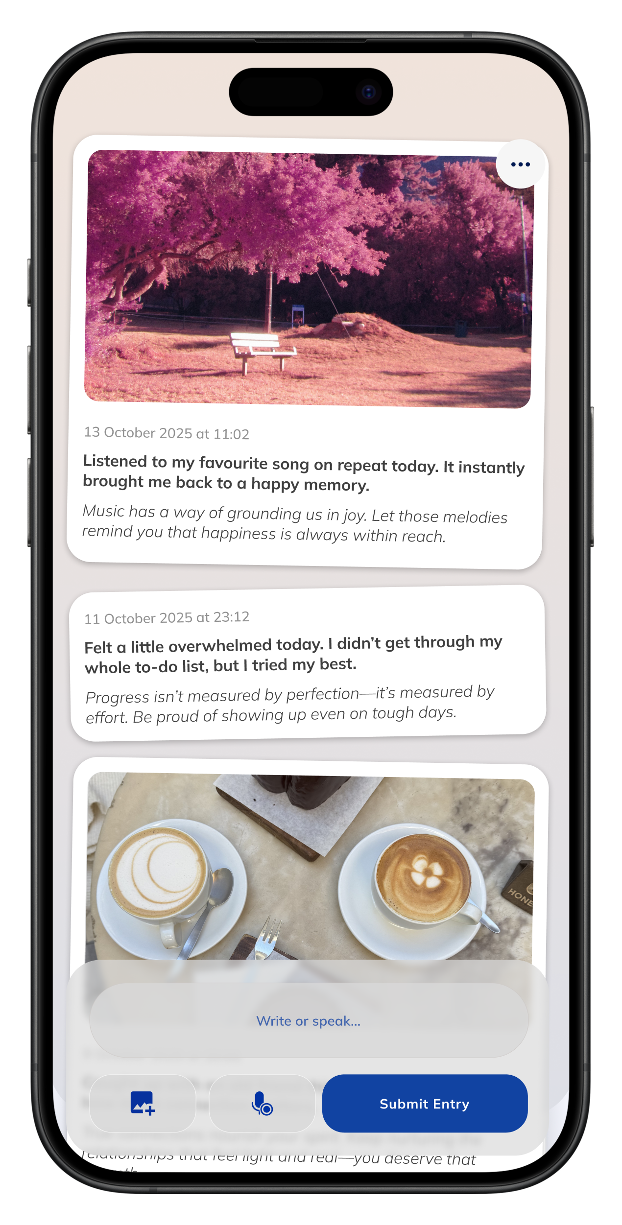 Momento app with photo memories and written journal entries