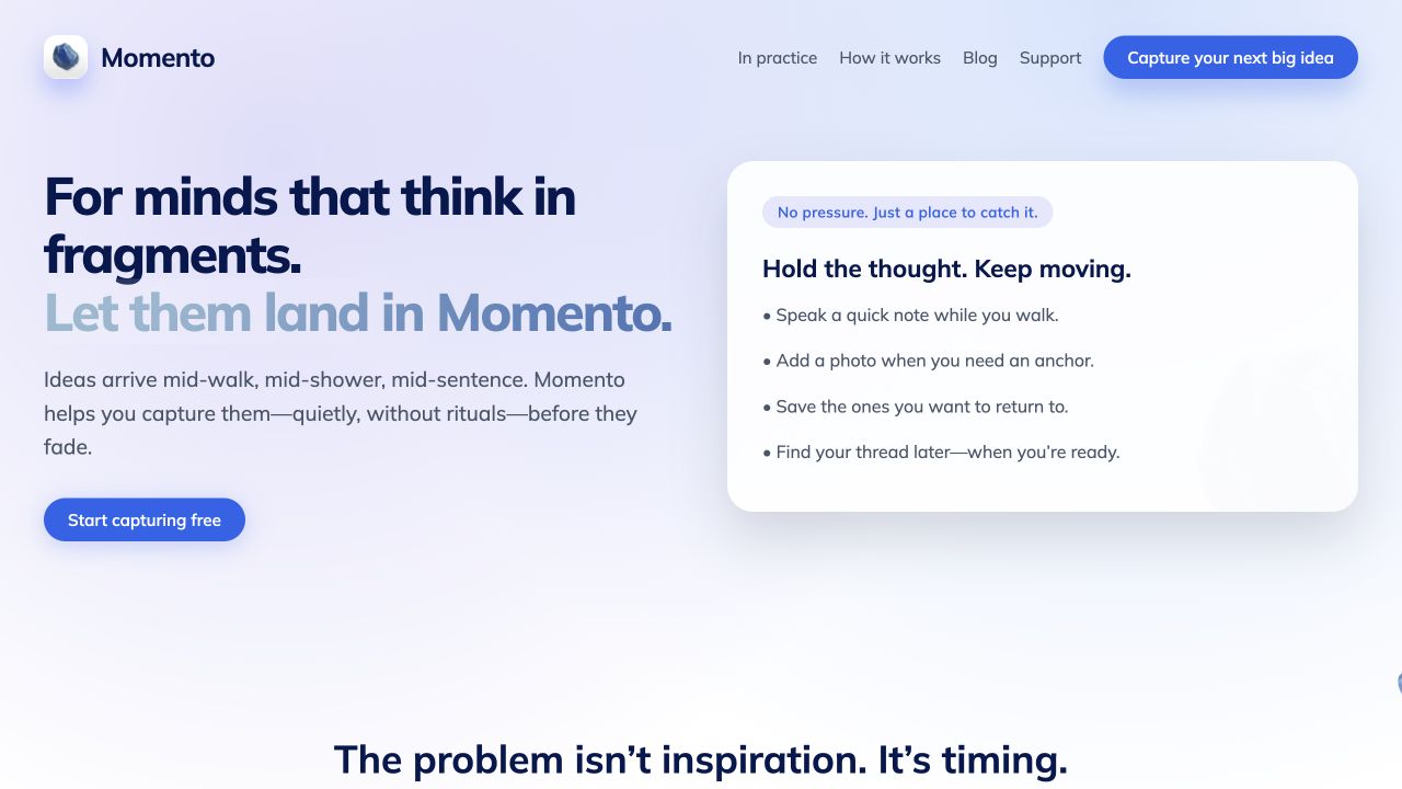 Momento website: For minds that think in fragments