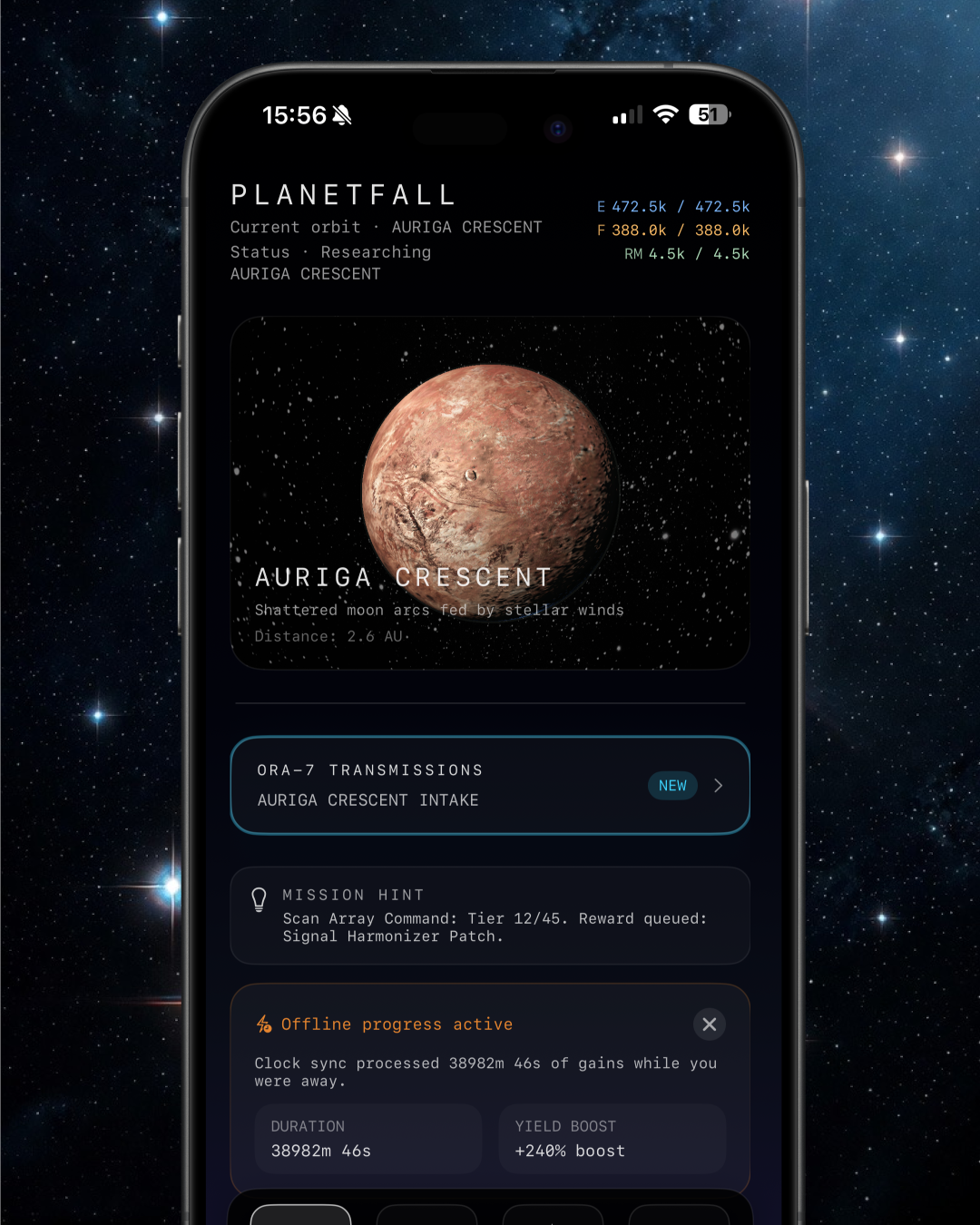 Early Planetfall space exploration prototype showing the Auriga Crescent mission