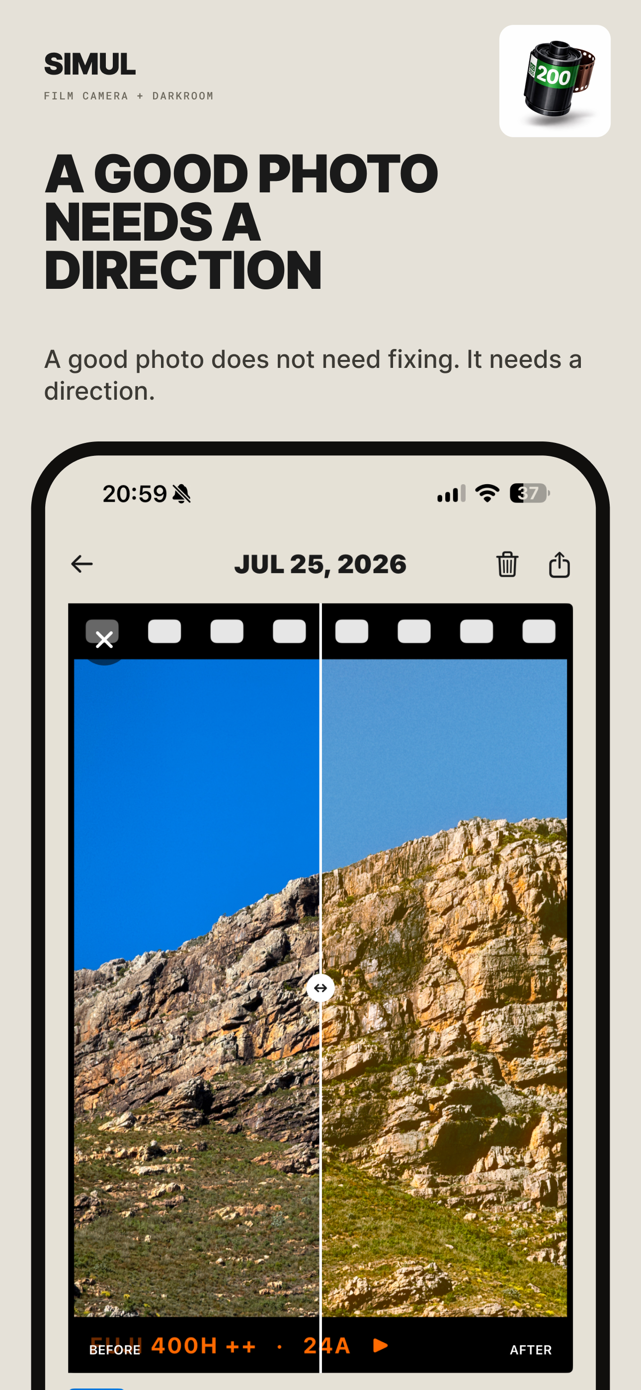 Simul app artwork showing a before and after film edit