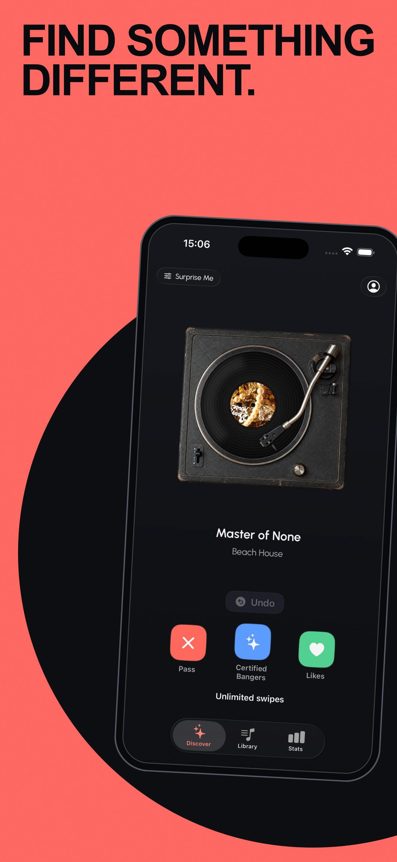 The Sound Lounge app with a record player and music discovery controls
