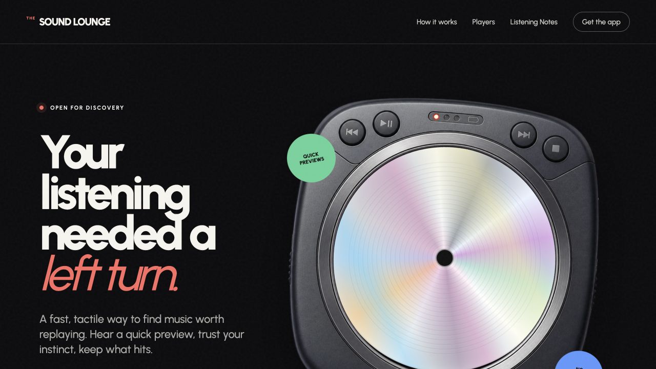 The Sound Lounge website with a portable CD player